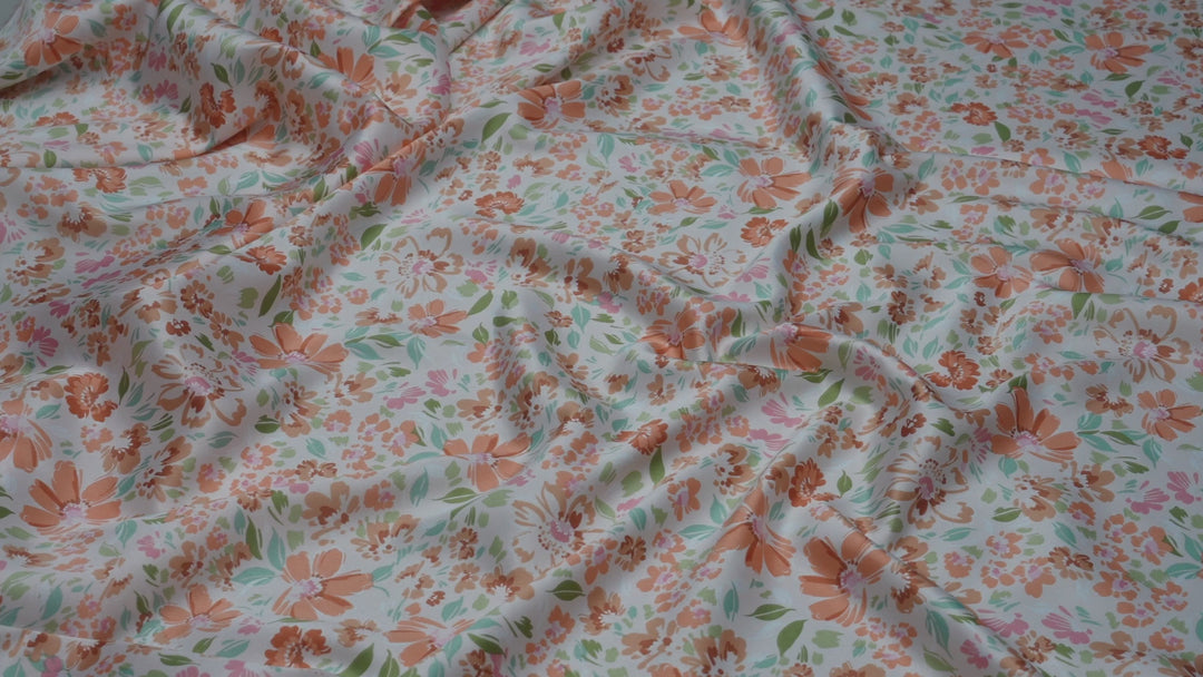 Faux silk charmeuse satin fabric by the yard - Off white  orange green    floral  print