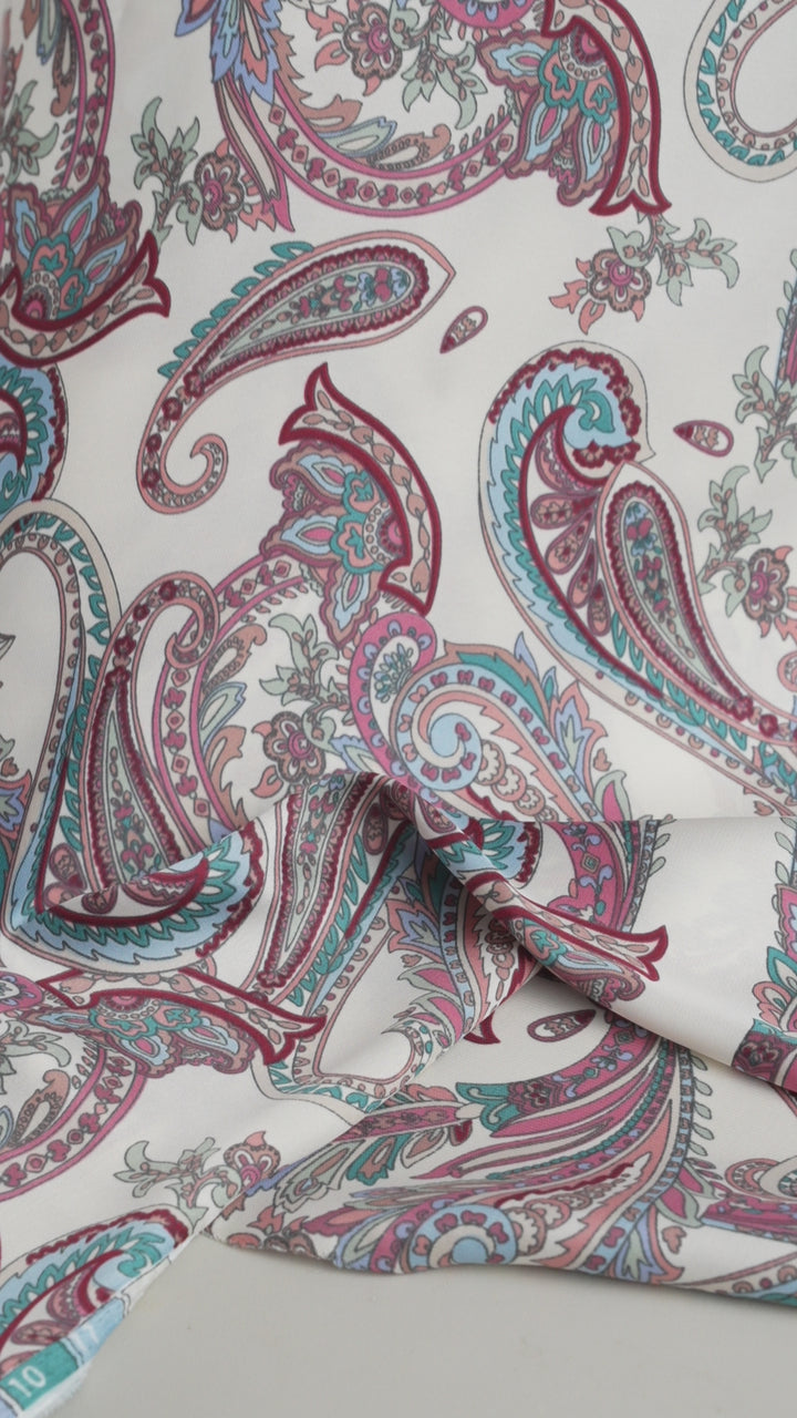 Lightweight  satin  fabric - off white pink and gray Paisley   print