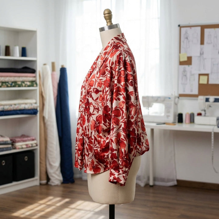 Mannequin draped with red floral satin blouse in a well-lit boutique, emphasizing the fabric’s fluidity and glossy finish.