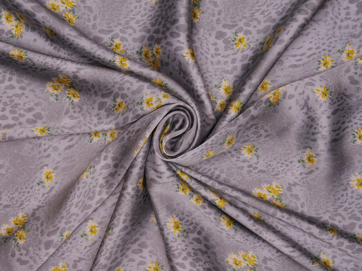 Lightweight  satin  fabric by the yard - Gray animal and Yellow   floral  print