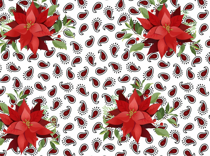 Charmeuse Satin sublimation  fabric by the yard - Black Paisley and Poinsettias Christmas print