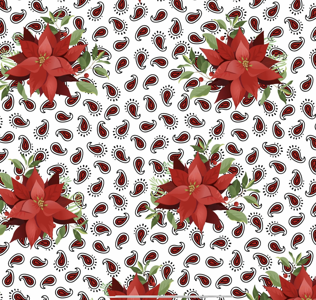 Charmeuse Satin sublimation  fabric by the yard - Black Paisley and Poinsettias Christmas print