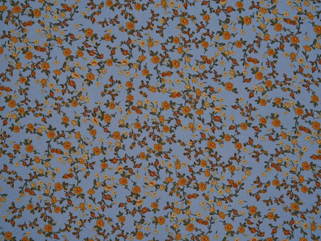 Lightweight  satin  dobby fabric by the yard - Light blue with rust and mustard   dainty floral pattern