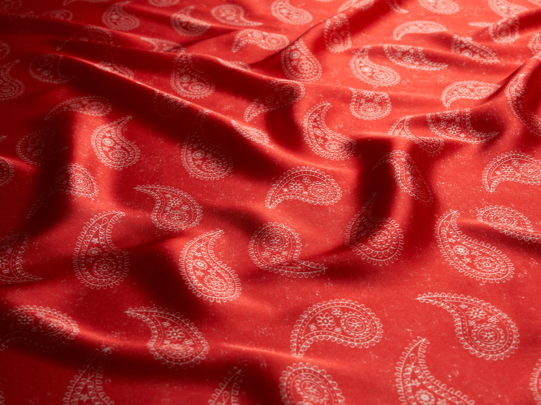 Charmeuse satin fabric by the yard - Red and off white paisley print