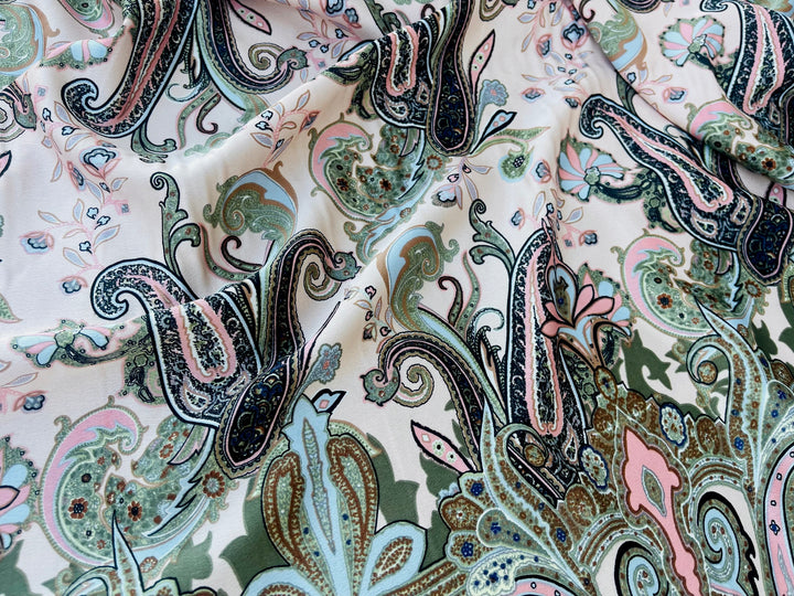 Lightweight  satin  dobby fabric by the yard - Peach blue and green paisley tribal border print