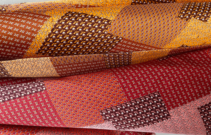 Lightweight  satin  fabric by the yard - Brown rusty orang patchwork  print