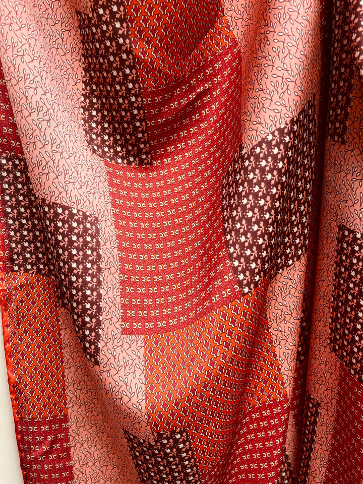 Lightweight  satin  fabric by the yard - Brown rusty orang patchwork  print