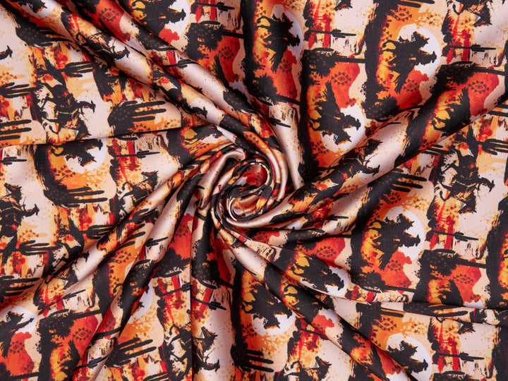 Charmeuse Satin sublimation  fabric by the yard -   Sunset Cowboys  western tribal print