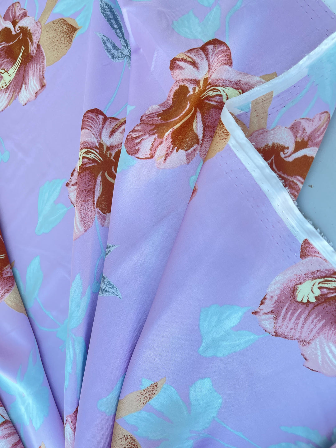 Lightweight  satin  fabric by the yard - Lavender teal rusty orange floral