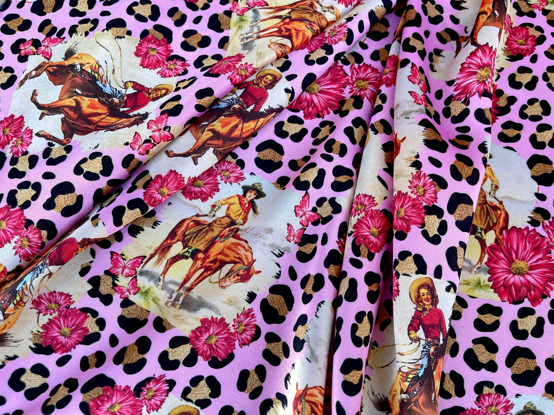 Charmeuse Satin sublimation  fabric by the yard -  Vintage Cowgirls -  western  animal  print