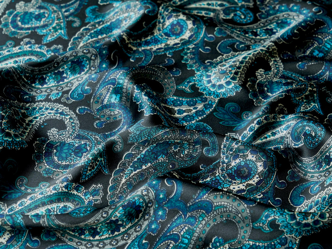 Paisley charmeuse satin fabric by the yard - Black teal Turquoise and gray  tones