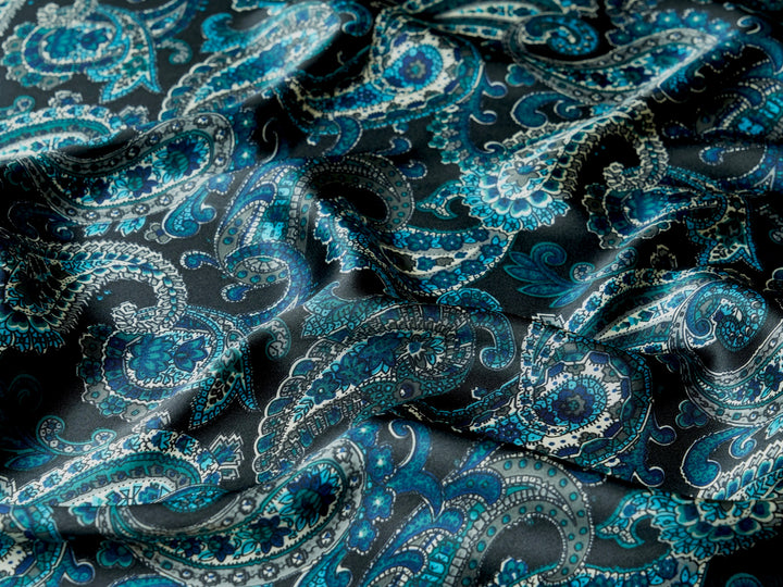 Paisley charmeuse satin fabric by the yard - Black teal Turquoise and gray  tones