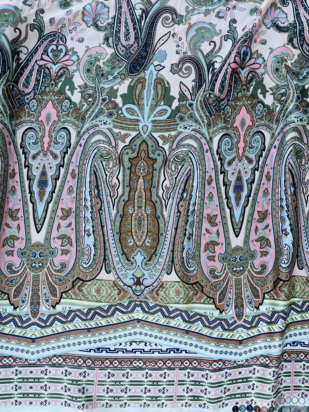 Lightweight  satin  dobby fabric by the yard - Peach blue and green paisley tribal border print