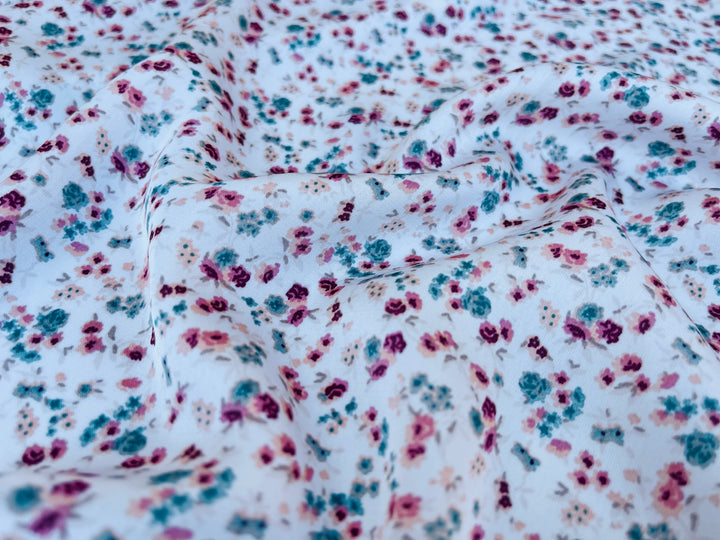 Lightweight  satin  fabric by the yard - Pink teal on white dainty  floral  print