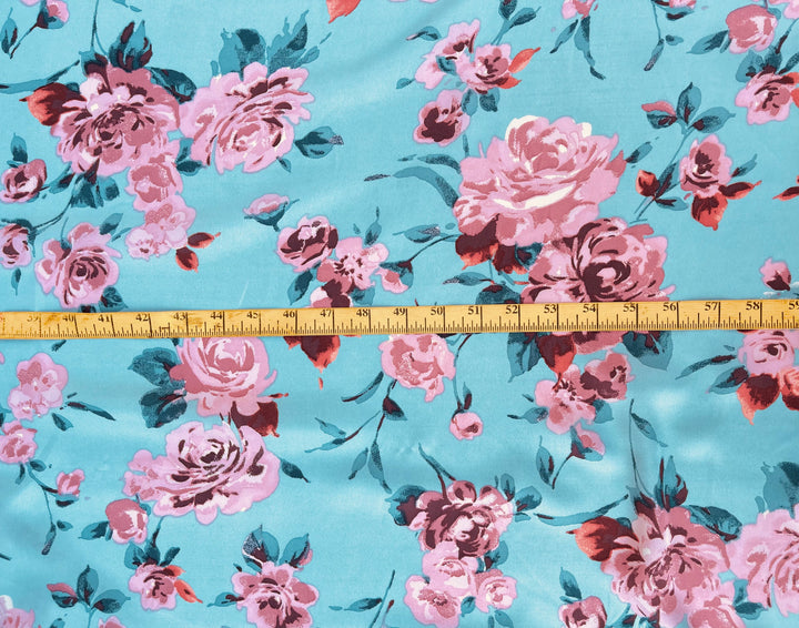 Lightweight  satin  fabric by the yard - Aqua and coral  floral  print