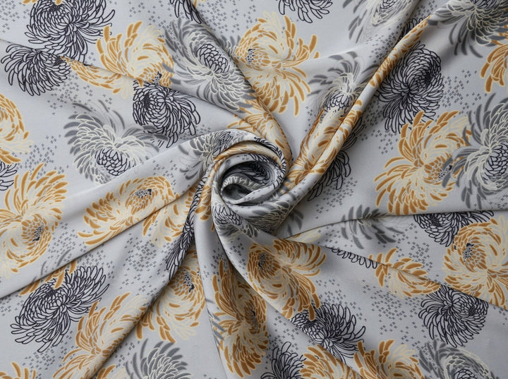 Lightweight  satin  fabric by the yard - Gray yellow floral print