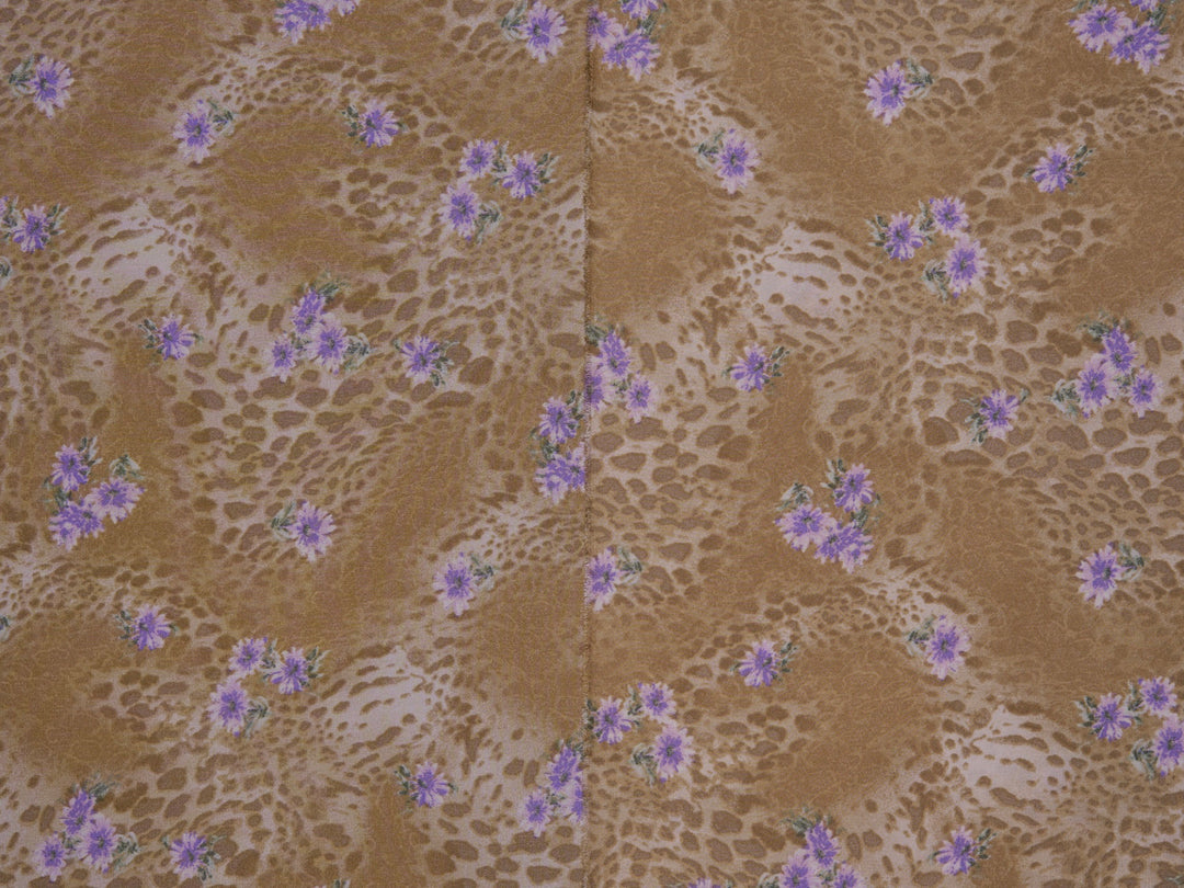 Lightweight  satin  fabric by the yard - Gold animal and purple   floral  print