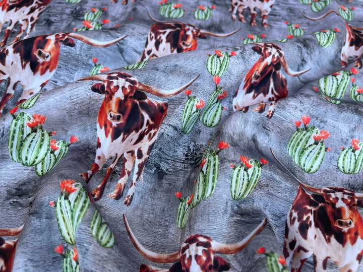 Charmeuse Satin sublimation  fabric by the yard -  Longhorn cactus - Boho western    print