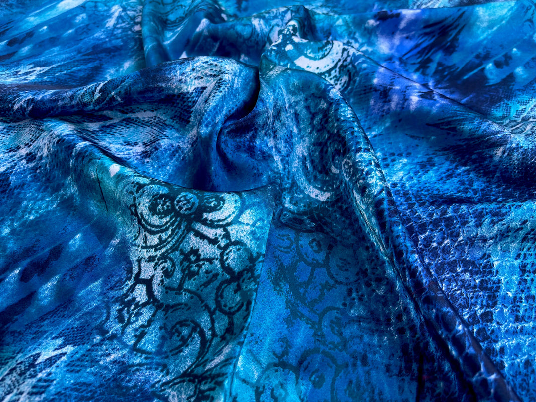 Charmeuse satin fabric by the yard  -  Blue turquoise   snake paisley animal print