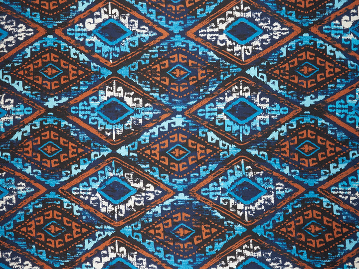 Charmeuse satin fabric by the yard - Blue brown turquoise tribal  print