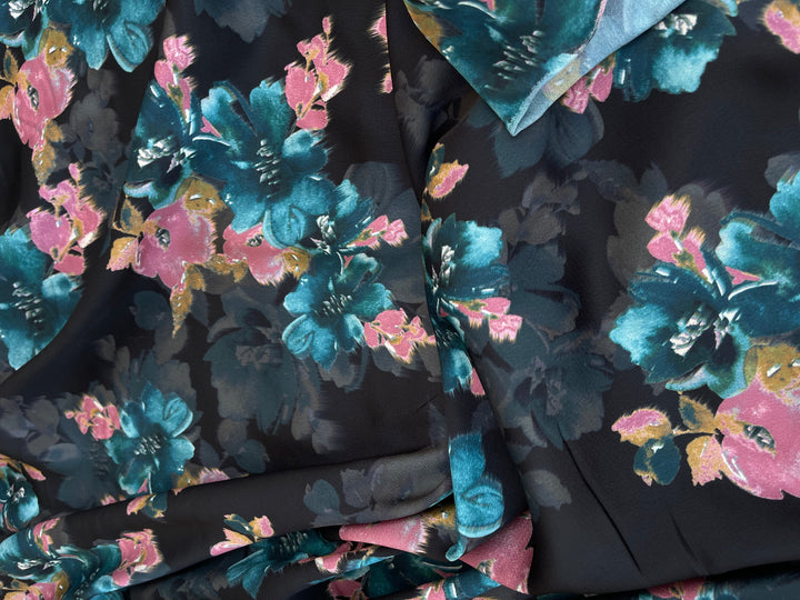 Lightweight stretch   satin dobby   fabric by the yard -  Teal and coral floral on black  pattern