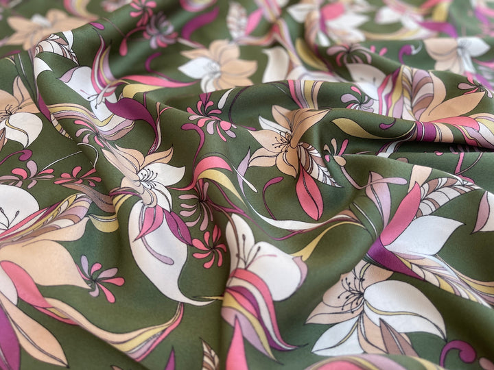 Lightweight  satin stretch fabric by the yard - Green lavender ivory  floral