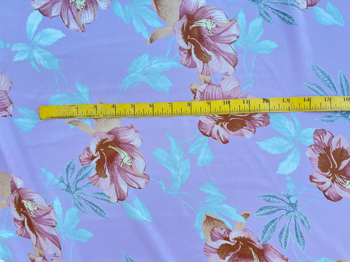 Lightweight  satin  fabric by the yard - Lavender teal rusty orange floral