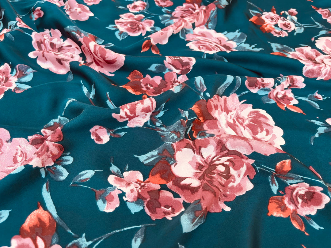 Lightweight  satin  fabric by the yard - Dusty purple and pink floral  print