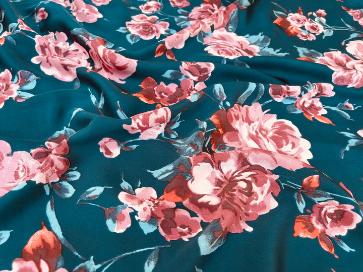 Lightweight  satin  fabric by the yard - Dusty purple and pink floral  print