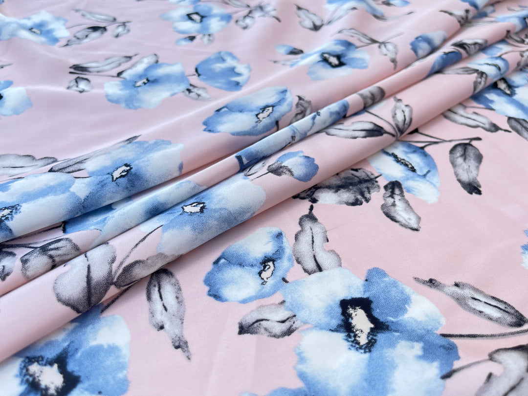 Lightweight  satin  fabric by the yard - Pink blue floral  print