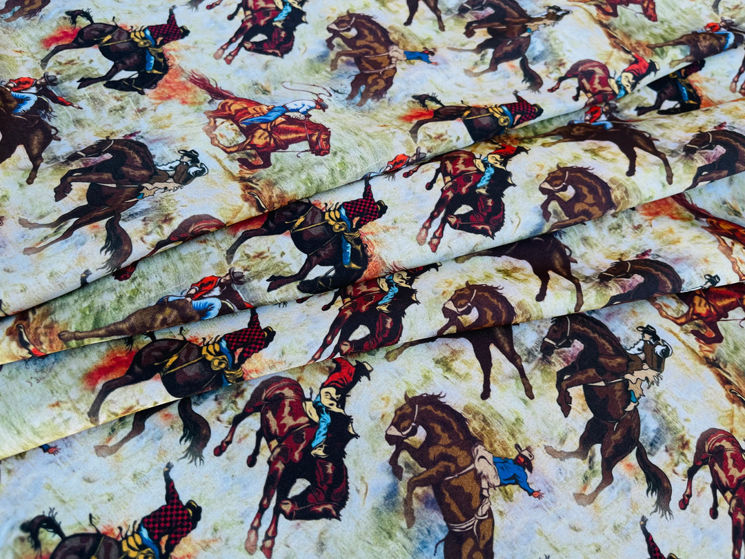 Charmeuse Satin sublimation  fabric by the yard -  Buckin’ Horses - Cowboys western    print