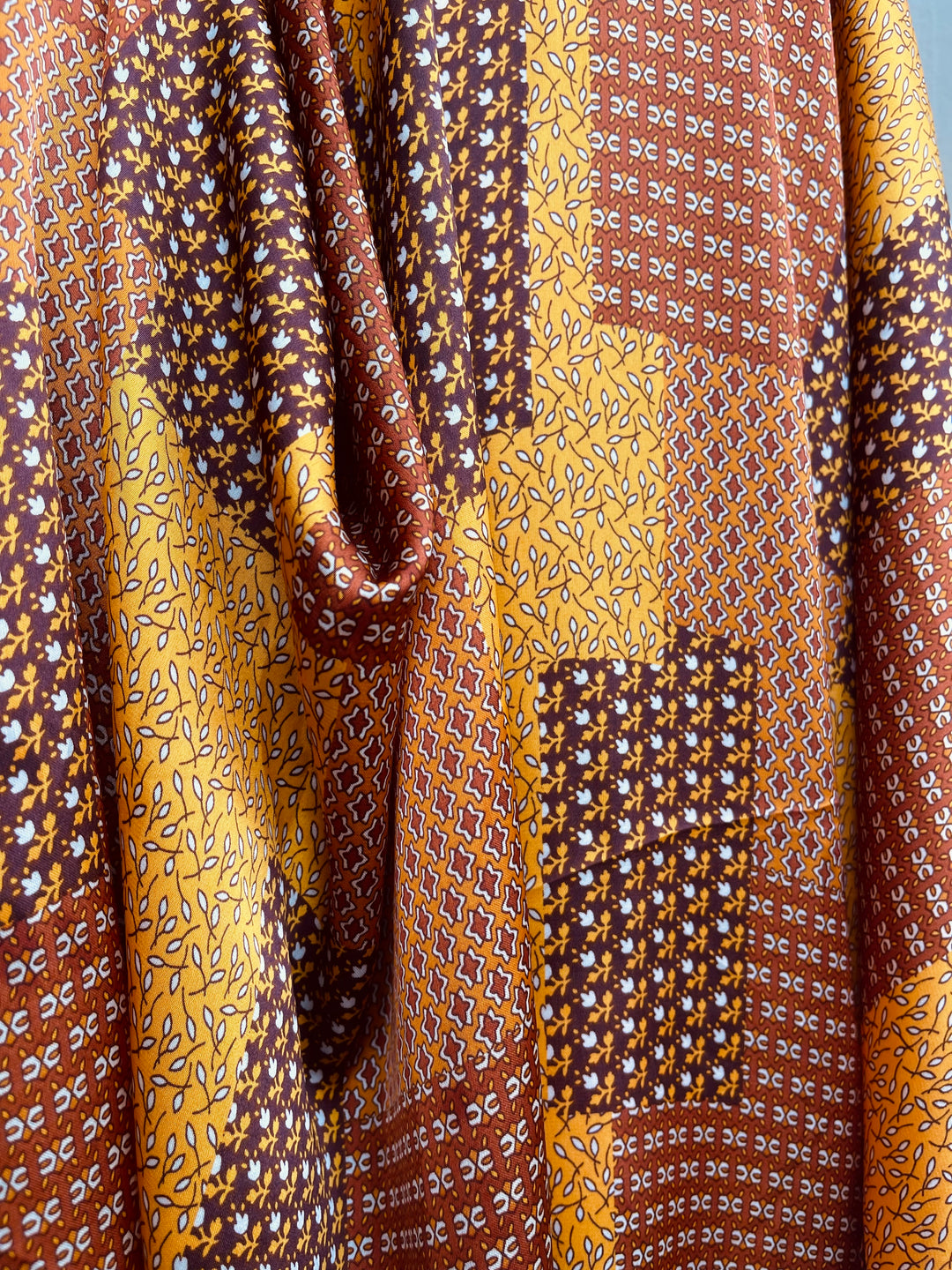 Lightweight  satin  fabric by the yard - Brown mustard dainty floral  patchwork  print