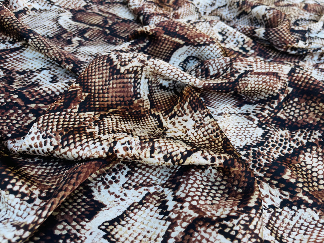 Lightweight  satin  fabric by the yard - Brown black Snake  animal print