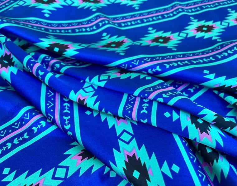 Tribal boho charmeuse satin fabric by the yard - Blue lavender  Aztec