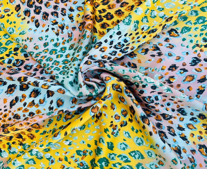 Lightweight  satin  fabric by the yard - Yellow aqua coral animal print