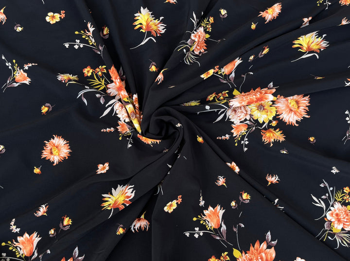 Peachskin stretch  print  fabric by the yard - Black orange floral print