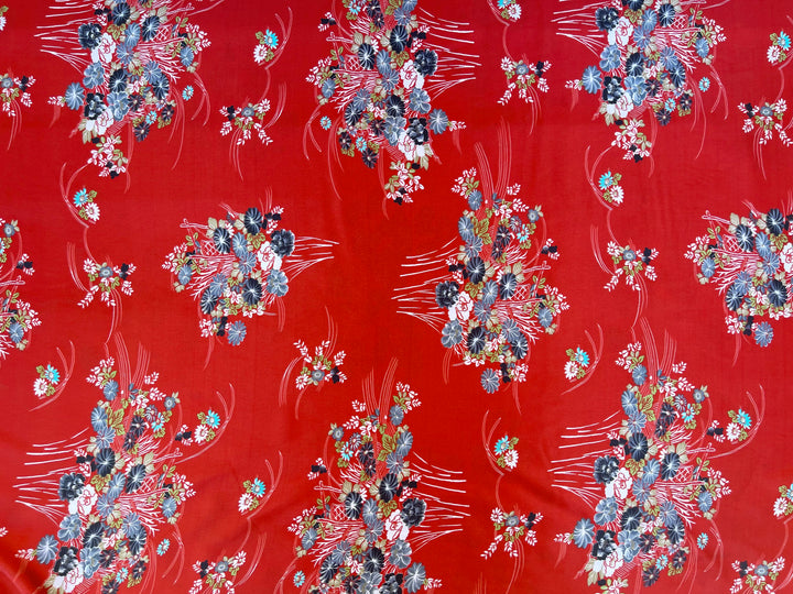 Charmeuse satin fabric by the yard  -  Red blue florwer bundles print