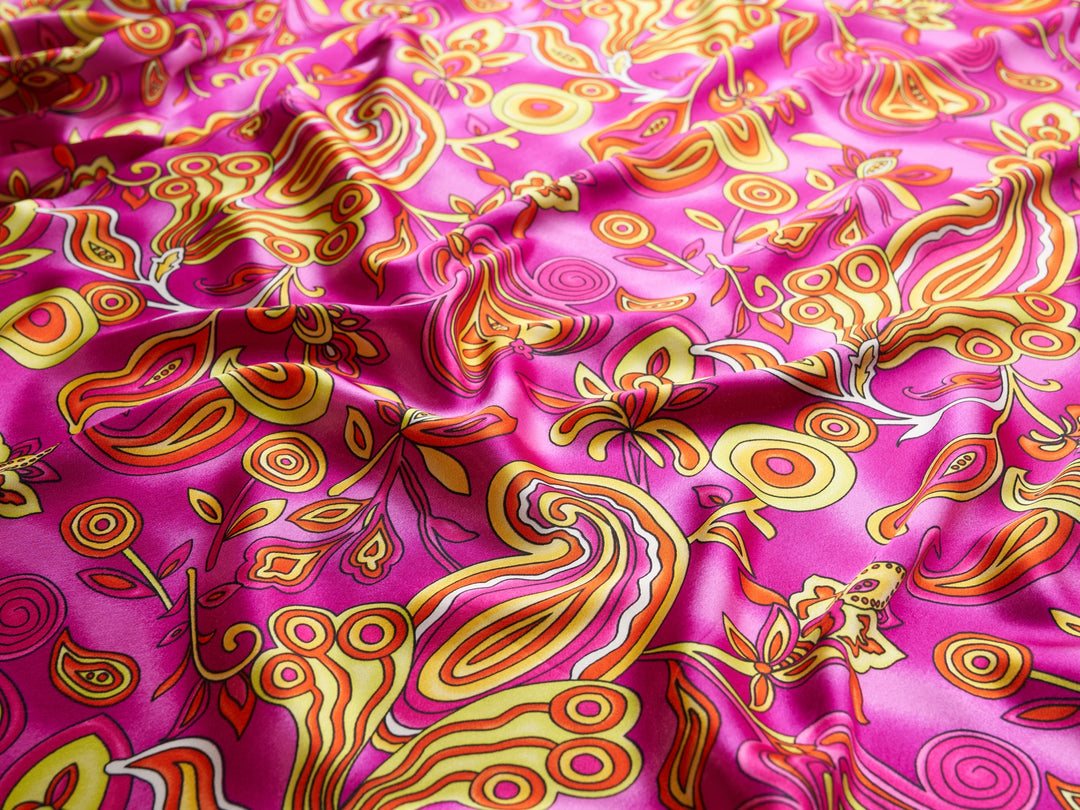 Charmeuse satin fabric by the yard  -  Hot pink yellow red paisley