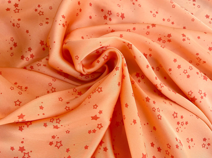 Lightweight  satin  fabric by the yard - Orange Stars  print