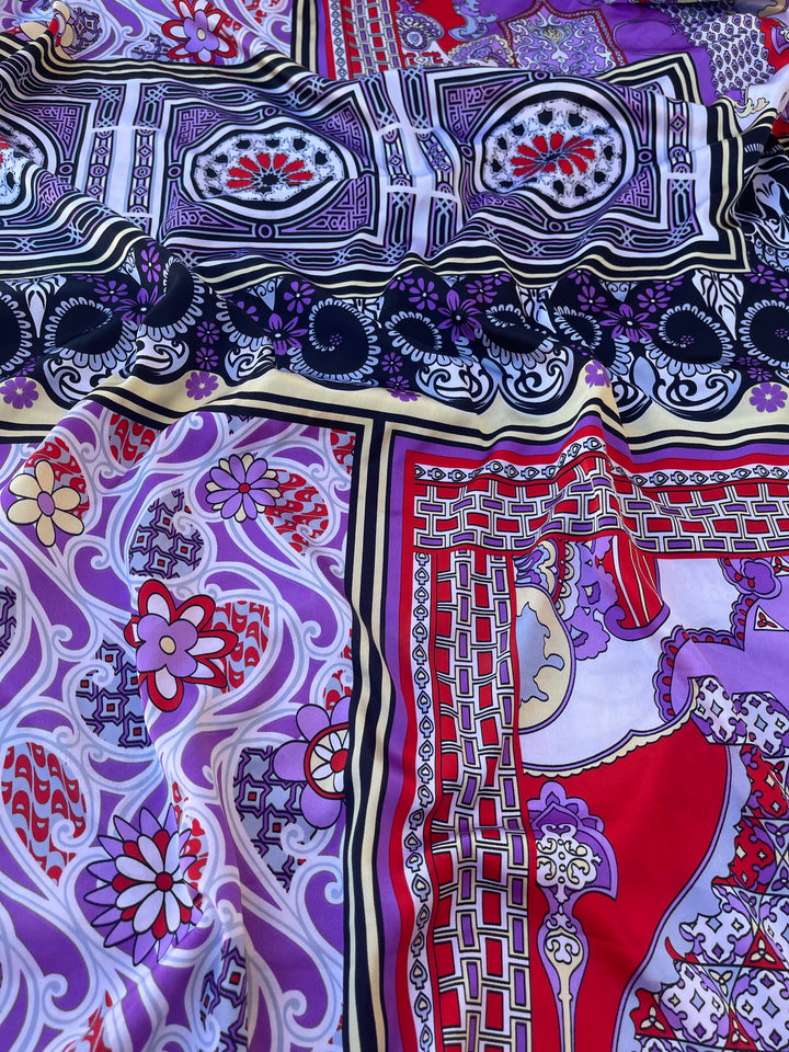 Faux silk charmeuse satin fabric by the yard - Purple black red floral patchwork oriental print