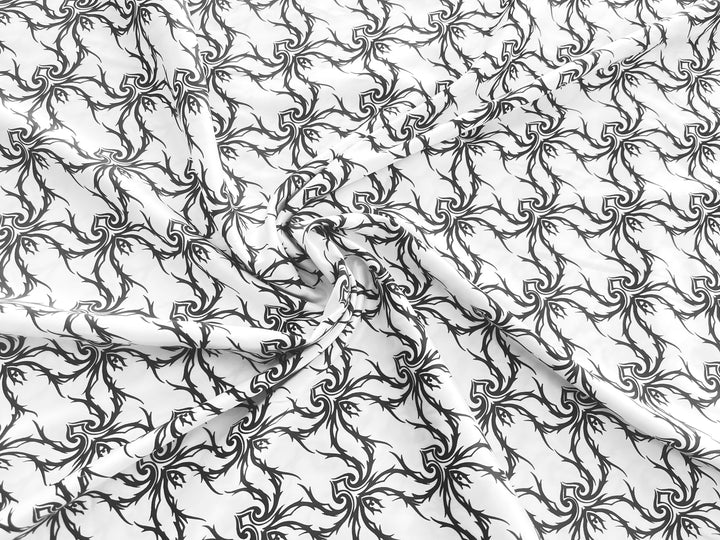 Faux silk charmeuse satin fabric by the yard - black and white lattice lace print