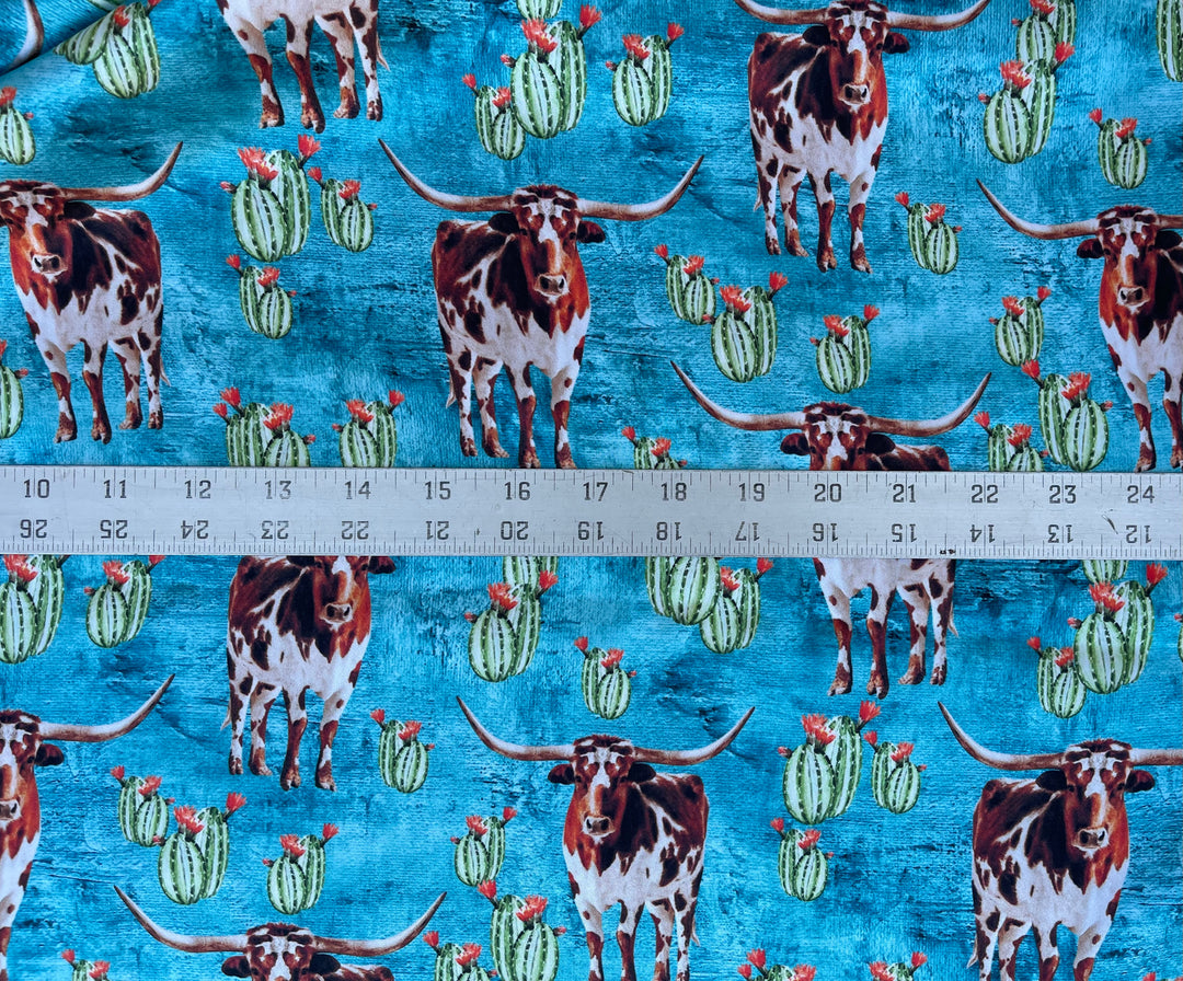 Charmeuse Satin sublimation  fabric by the yard -  Longhorn cactus - Boho western    print