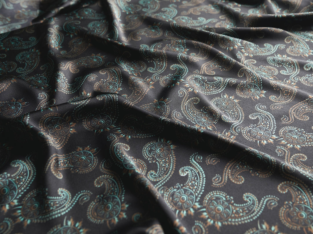 Charmeuse satin fabric by the yard -  MonSar exclusive   Spurs  paisley print