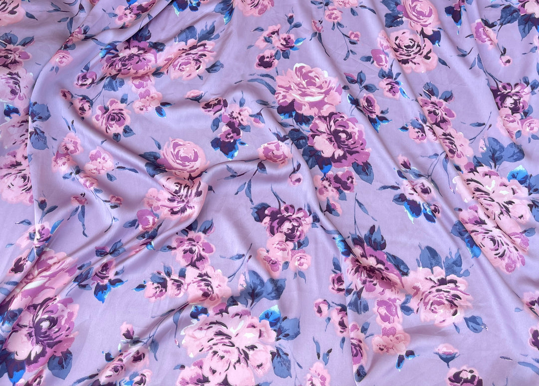 Lightweight  satin  fabric by the yard - Dusty purple and pink floral  print