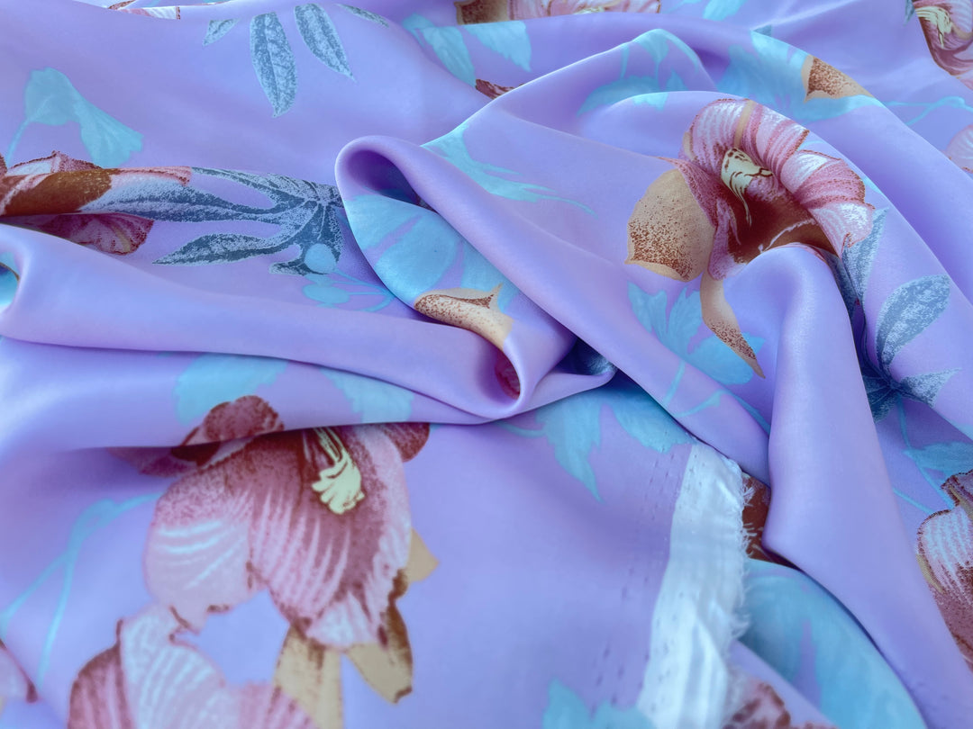 Lightweight  satin  fabric by the yard - Lavender teal rusty orange floral