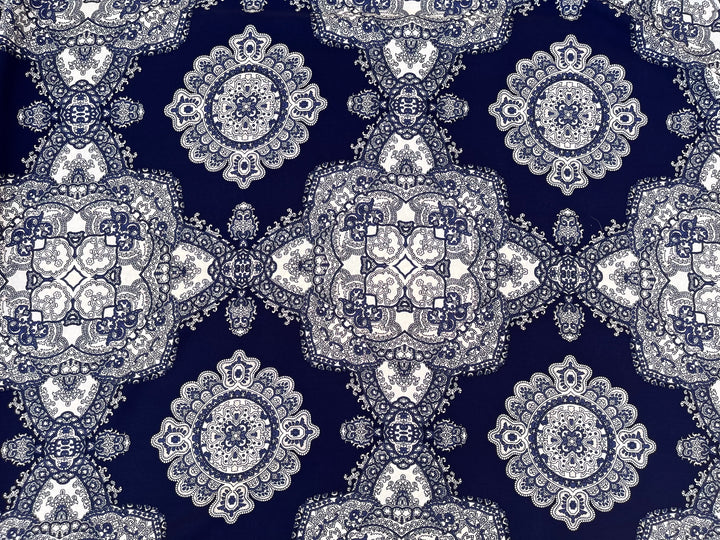 Woolpeach fabric by the yard - Navy and off white paisley damask border print