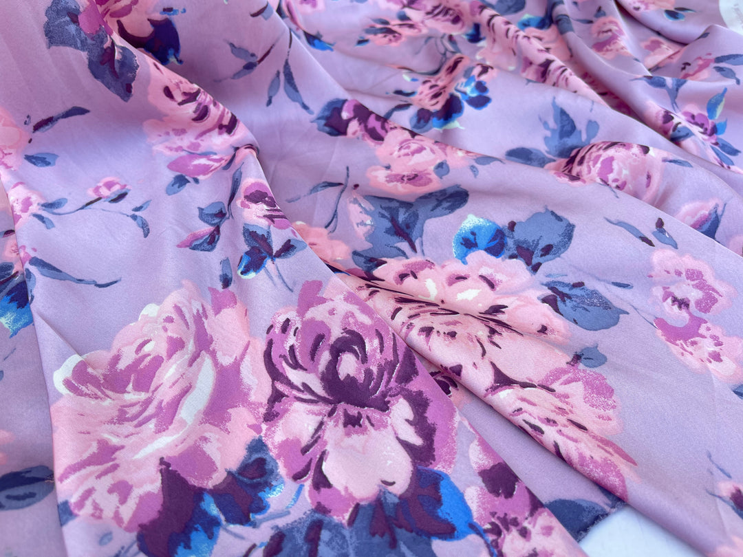 Lightweight  satin  fabric by the yard - Dusty purple and pink floral  print