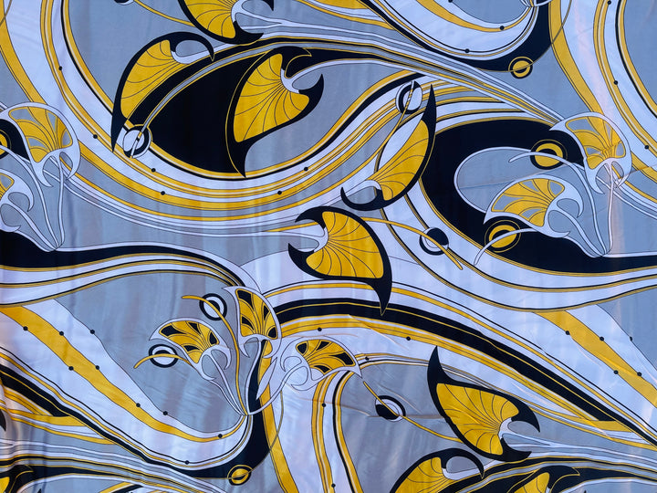 Faux silk charmeuse satin fabric by the yard - Gray black yellow nature pucci inspired   print