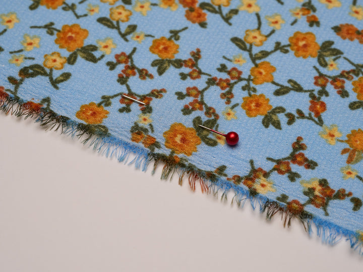 Lightweight  satin  dobby fabric by the yard - Light blue with rust and mustard   dainty floral pattern