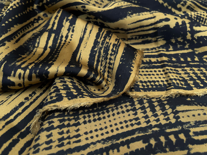 Lightweight  satin  fabric by the yard - Bronze Mustard and black abstract  print